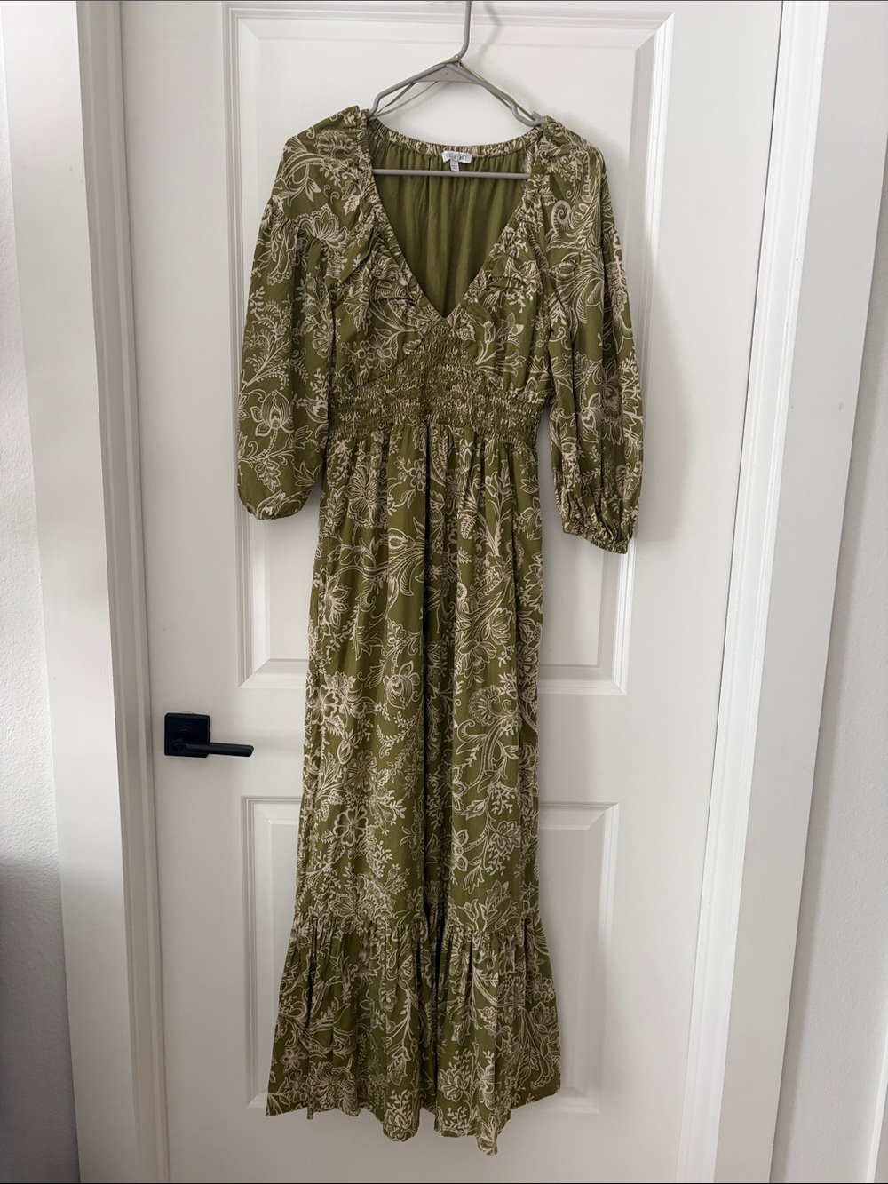 Patrons of Peace Olive Green Printed V-Neck Maxi Dress